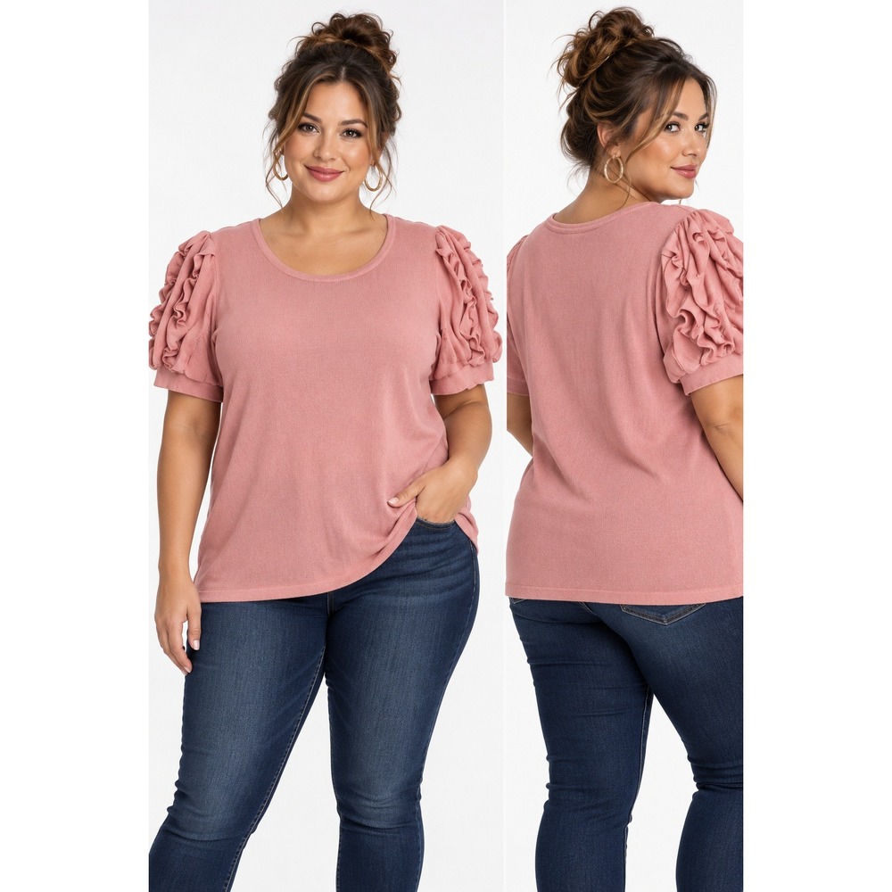 Love Ever After Pink Ruffle Puff Sleeve Knit Top XL Scoop Neck Dusty Rose